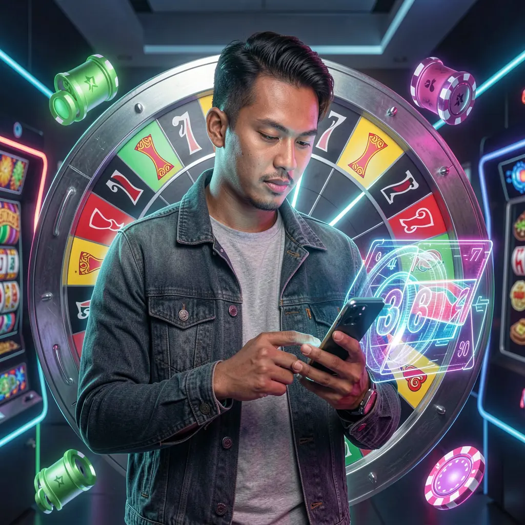 Stylish Malaysian man using the HARIMAU333 mobile casino app with a glowing digital roulette wheel behind him