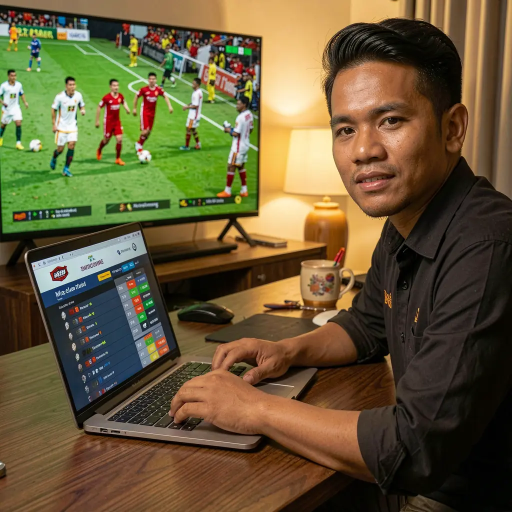 Focused Malaysian bettor analyzing live football odds on a laptop through HARIMAU333 while watching a match on TV in a comfortable evening setting