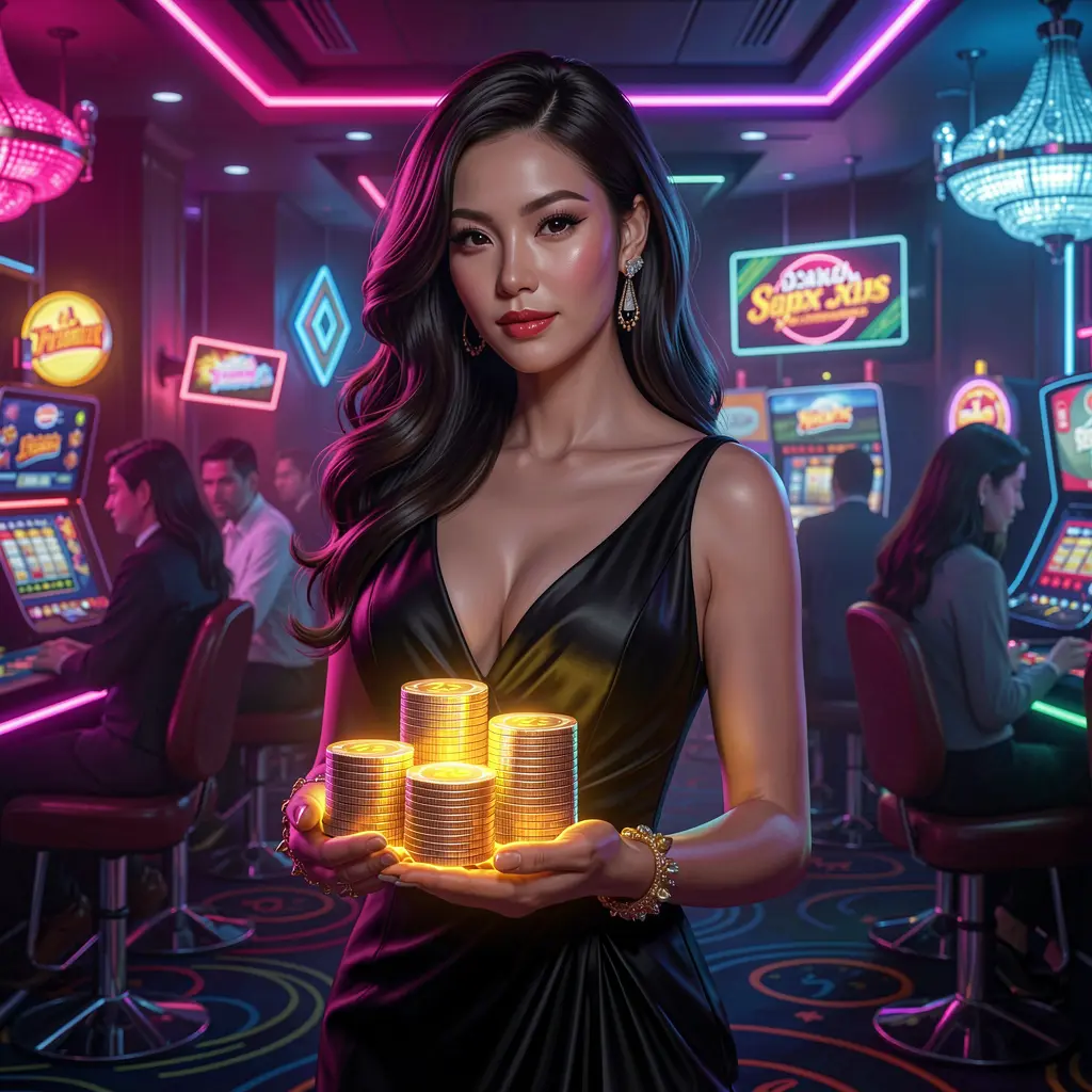Stylish casino atmosphere with a confident woman holding chips and slot machines glowing in the background representing the premium online casino HARIMAU333 in Malaysia