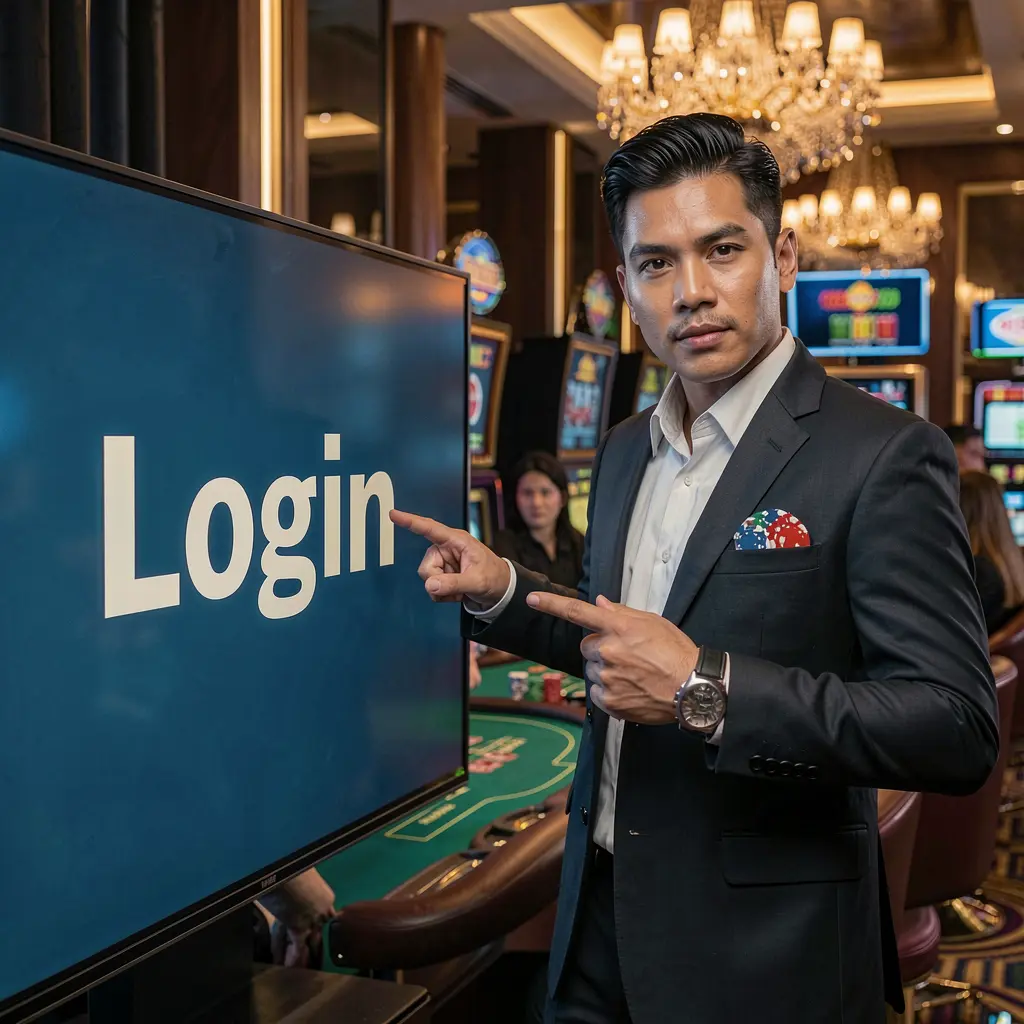 Professional casino dealer pointing toward a digital login screen in a modern casino setting representing secure access at HARIMAU333 Malaysia
