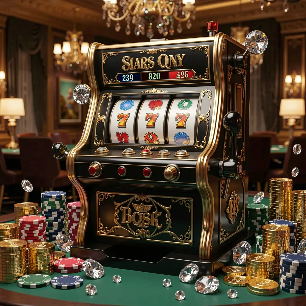 Elegant black and gold slot machine with traditional symbols and scattered casino chips representing the premium slot gaming experience at HARIMAU333 in Malaysia